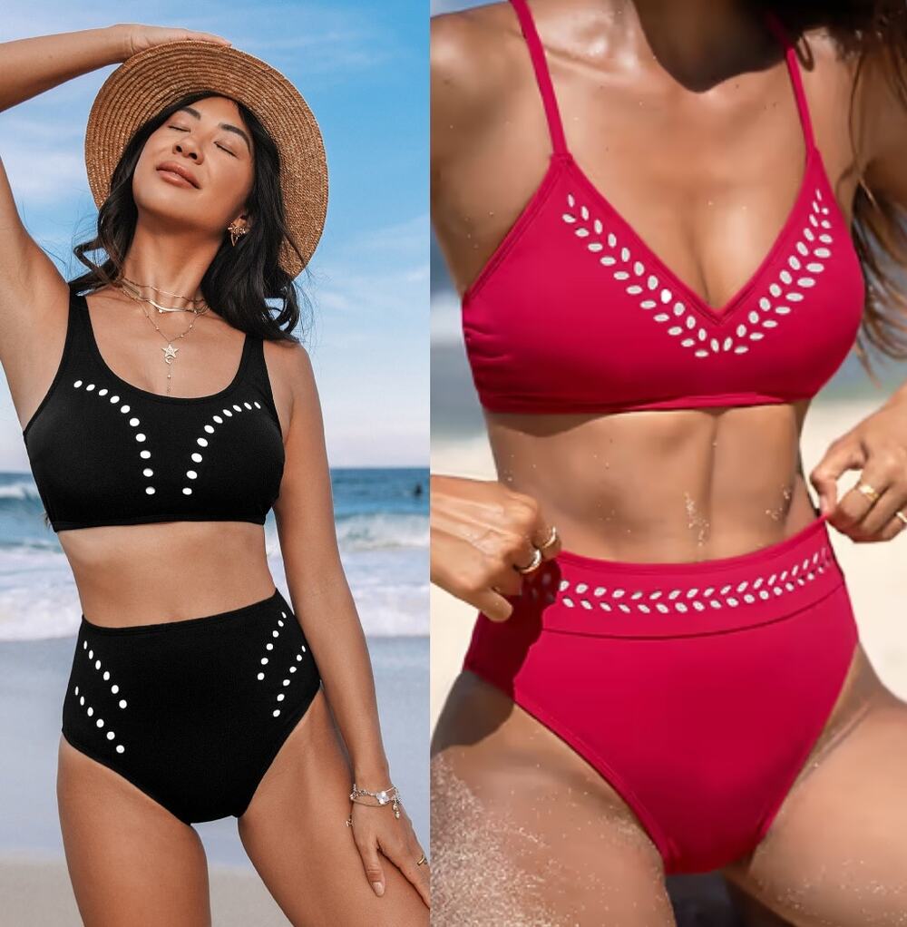 Cupshe Laser-Cut High Waist Bikini Set in Black and Fuchsia